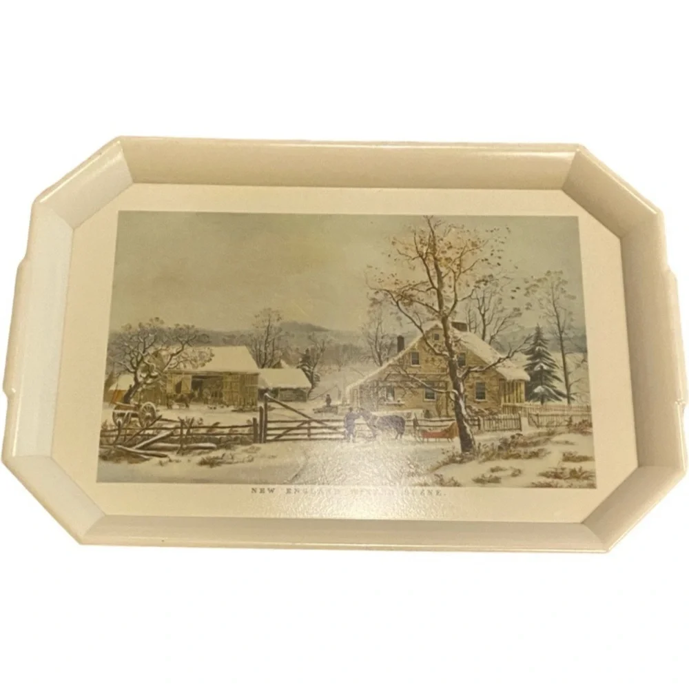 Vintage Style Cream Serving Tray. New England Winter Scene.